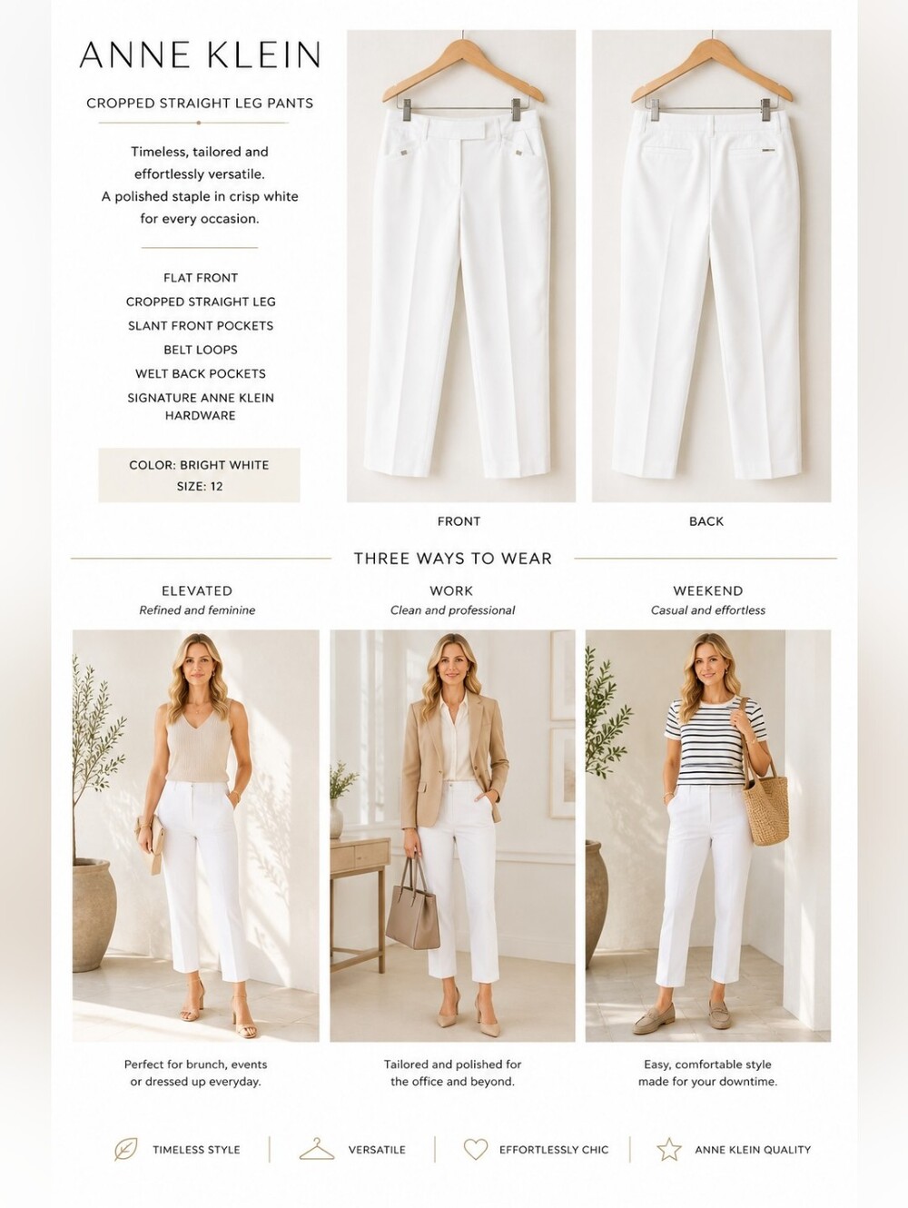 Anne Klein White Cropped Straight-Leg Pants | Size 12 - Picture 3 of 7